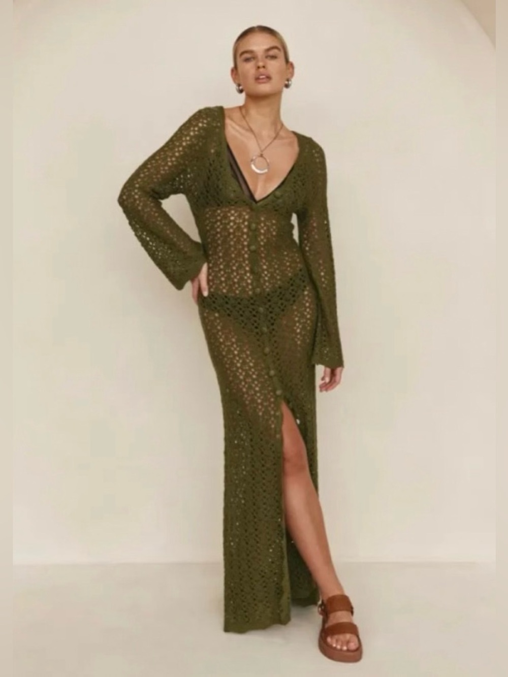 VRG Girl Beach to Bar Olive Crochet Knit Maxi Dress - Women, Never worn